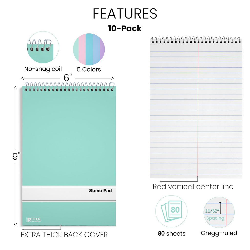 Better Office Products Steno Pads Spiral 6x9, 10 Pack, Gregg Ruled, 80 Sheets, Assorted Pastel Covers, Steno Notebooks Top Spiral for Note Taking