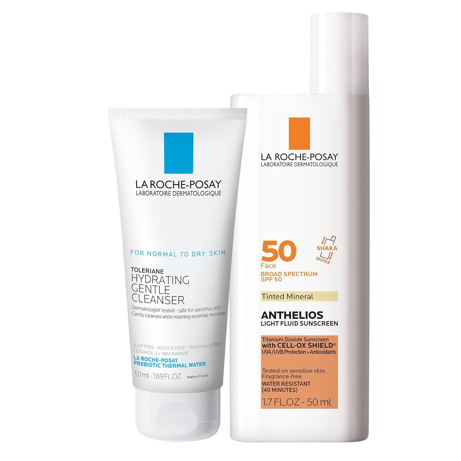 Buy now La Roche-Posay Anthelios Sunscreen SPF 50, Ultra-Light Fluid Broad Spectrum SPF 50, Face Sunscreen with Titanium Dioxide Mineral, Lightweight & Fast-Absorbing, Oil-Free, Matte Finish Tinted with Travel Size Hydrating Cleanser at indiglob india