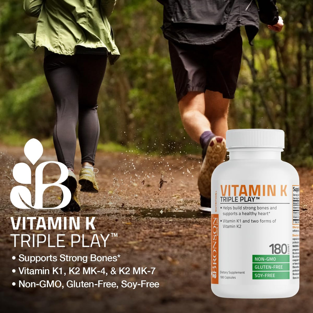 Bronson Vitamin K Triple Play Full Spectrum K1 & K2 MK-4/MK-7, 180 Capsules | 550 mcg Total Vitamin K: 100 mcg K1 + 450 mcg K2, Strong Bone Support, Non-GMO & Gluten-Free