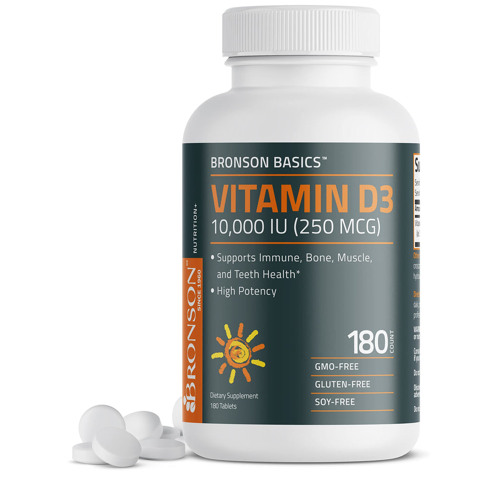 Bronson Vitamin D3 10,000 IU (250 mcg) Immune & Muscle Support, 360 Tablets | Bone & Teeth Support, Non-GMO, Gluten-Free & Soy-Free
