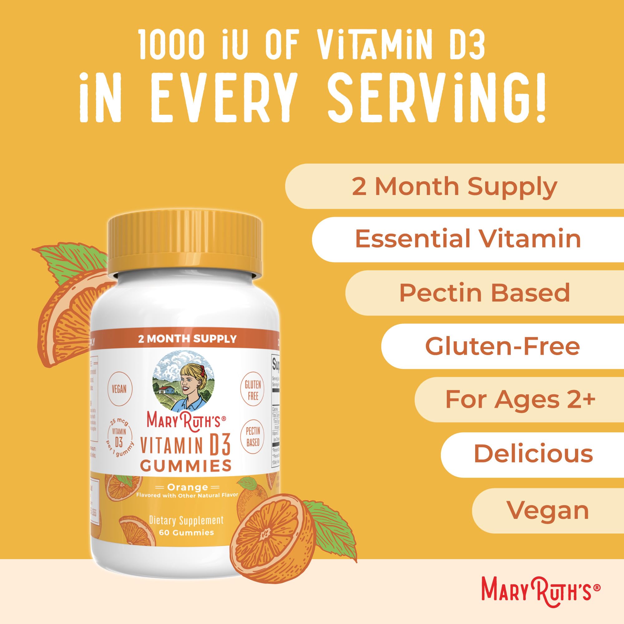 MARYRUTH'S Vitamin D3 Gummies, Adults & Kids Vitamin D, 60 Servings, Vegan | 2 Month Supply, Immune Support Supplement, 1000IU for Bone Health & Muscle Function, Vegan, Non-GMO, Gluten Free, 60 Count