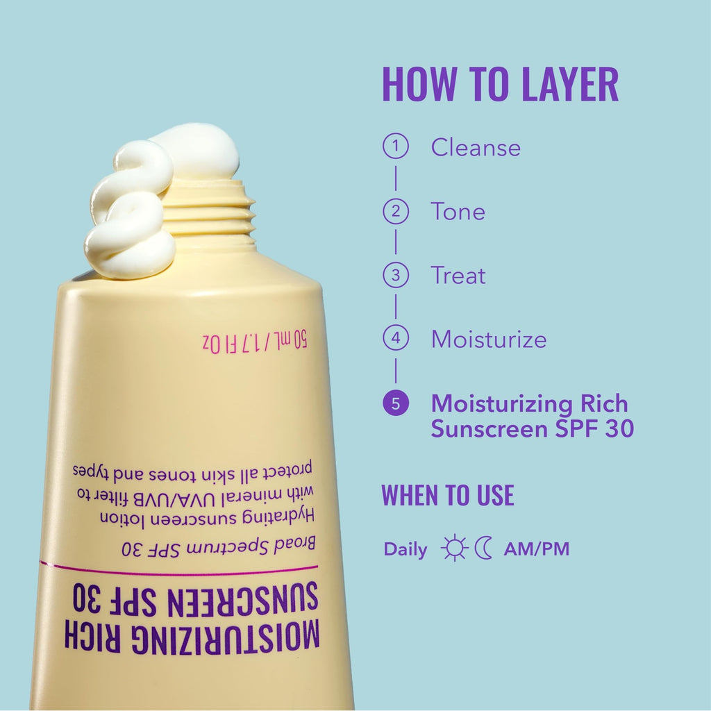 Good Molecules Moisturizing Rich Face Sunscreen Broad Spectrum SPF 30, 1 oz | Hydrating mineral sunscreen lotion with zinc oxide. Broad spectrum UVA/UVB protection for all skin tones and types.