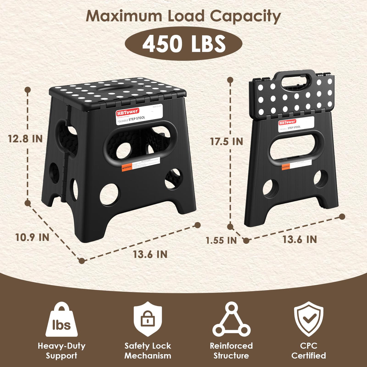 HBTower 13 Inch Folding Step Stool, 450LBS Capacity with Safety Lock, Black