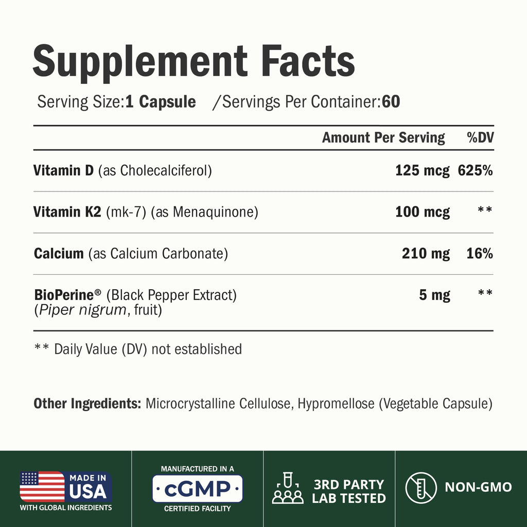 Vitamin D3 K2 Calcium Supplement – Vitamin D3 5000 IU, K2 MK7 – 60 Capsules