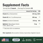 Vitamin D3 K2 Calcium Supplement – Vitamin D3 5000 IU, K2 MK7 – 60 Capsules