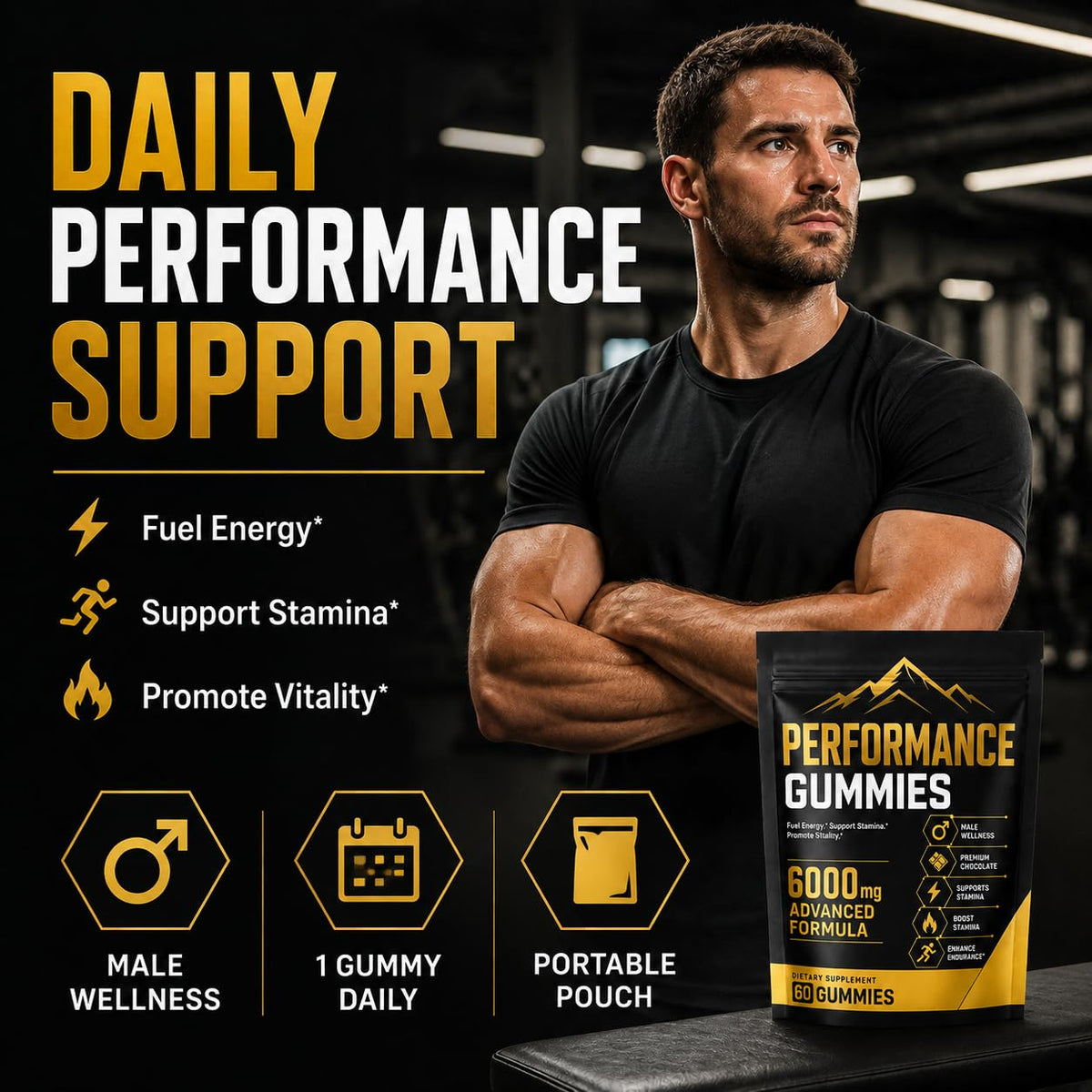 Performance Gummies, 6000mg Advanced Formula with Shilajit, Maca, Ashwagandha, Panax Ginseng, Saffron & L-Arginine, Energy, Stamina & Vitality Support, Chocolate Flavor, 60 Count