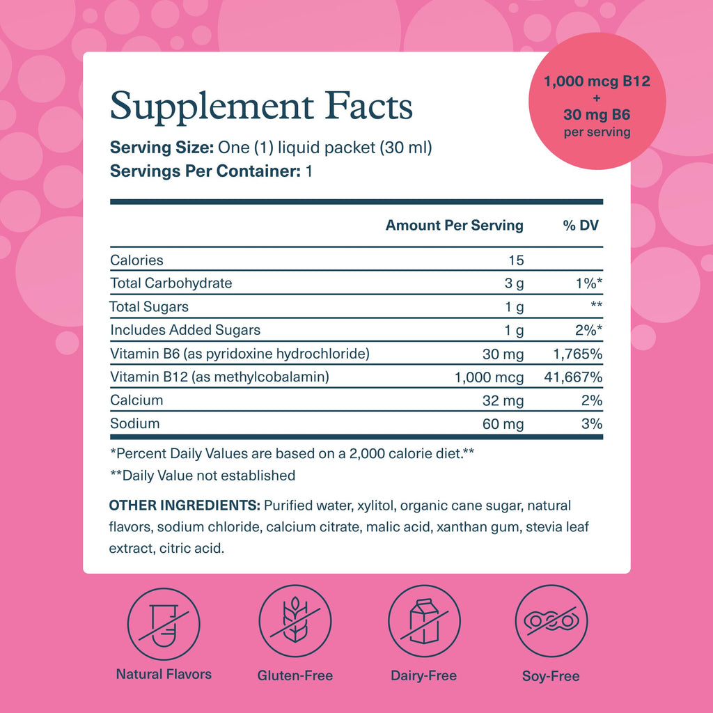 Youtheory B12B6 Liquid, Raspberry Flavor, 1oz Packet, 12 Count | Daily Energy and Brain Support*, Vitamin B12 and B6, Tasty Single-Serving Packs, Vegan, Dairy, Soy, and Gluten-Free