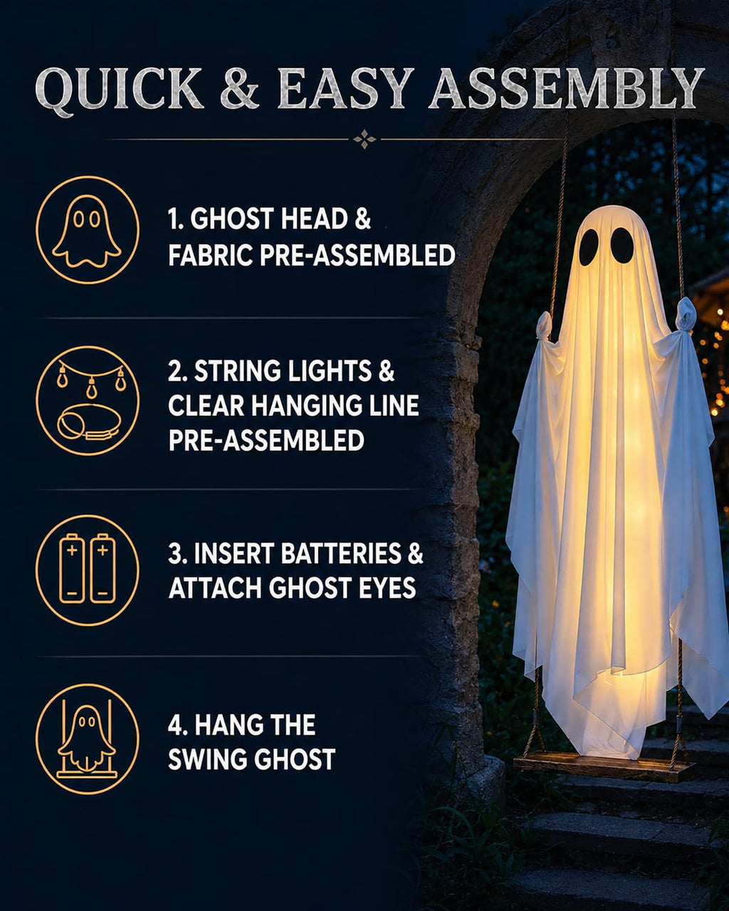 Halloween Decorations Outdoor - 5 FT Large Hanging Swing Ghost Halloween Decor with String Lights, Spooky Cute Ghosts Decorations for Front Porch Yard Tree