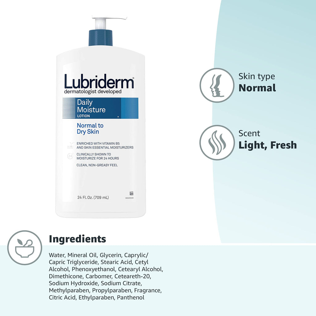 Lubriderm Daily Moisture Lotion + Pro-Ceramide, Shea Butter & Glycerin, Hydrating Face, Hand & Body Lotion, 24-hour Moisturizer for Dry Skin, Paraben & Dye Free, Scented, Non-Greasy 24 FL OZ Pack of 3