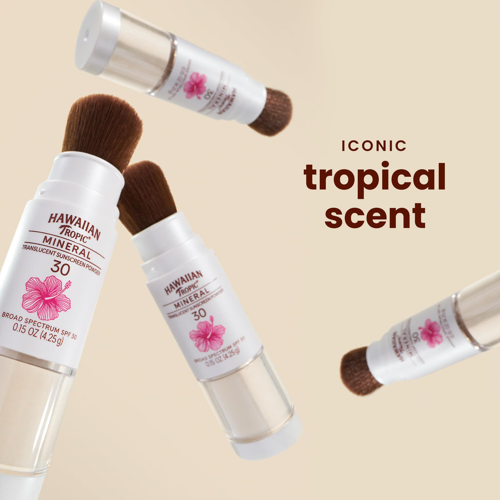 Hawaiian Tropic Mineral Powder Sunscreen Brush SPF 30, 0.15 Oz | Mineral sunscreen for face, Translucent matte finish, Travel size, Use under or over makeup, Non-comedogenic