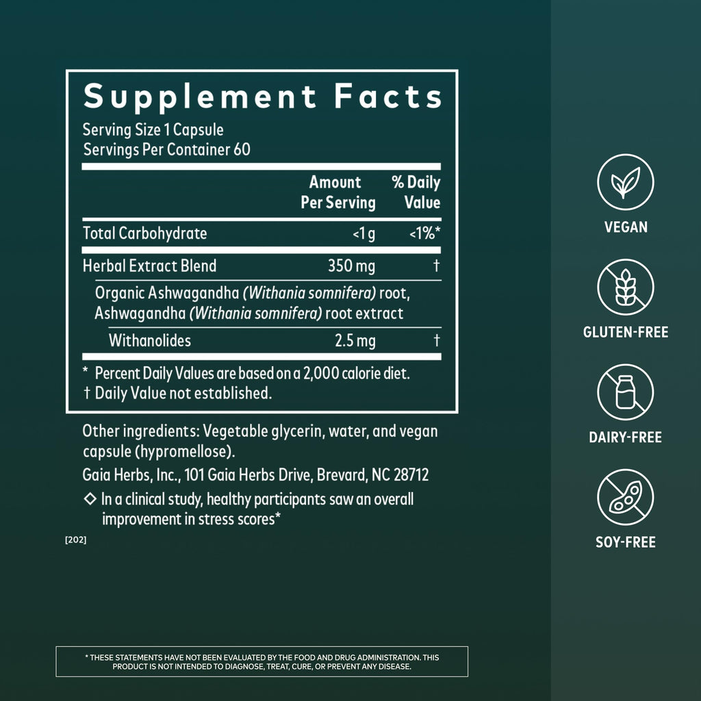 Gaia Herbs Ashwagandha Root 350 mg - Supports Balanced Energy Levels & Positive Outlook*- Supports Healthy Cortisol Balance* - 60 Vegan Liquid Phyto-Caps (30 Servings)