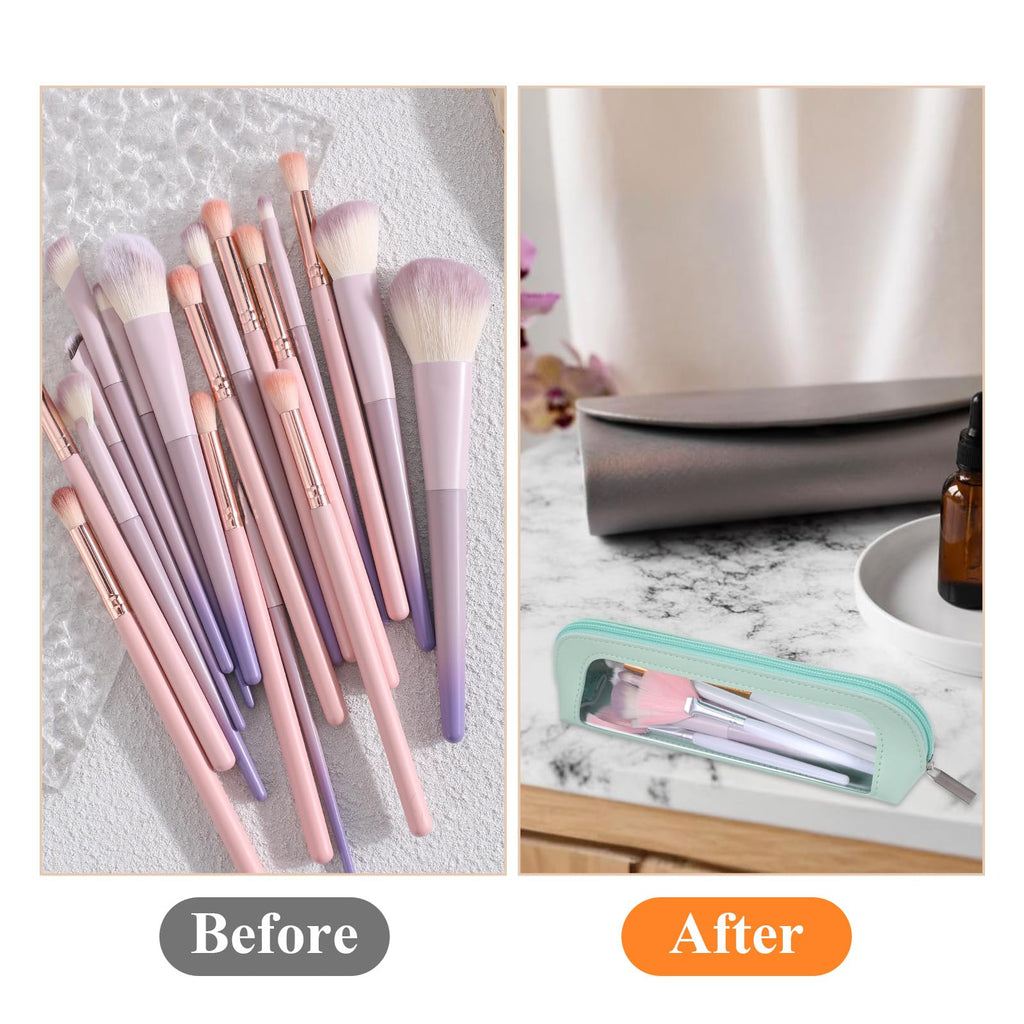 Stylish small clear PU makeup bag showcasing colorful brushes, perfect for organized storage. Premium imported design.