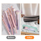 Stylish small clear PU makeup bag showcasing colorful brushes, perfect for organized storage. Premium imported design.