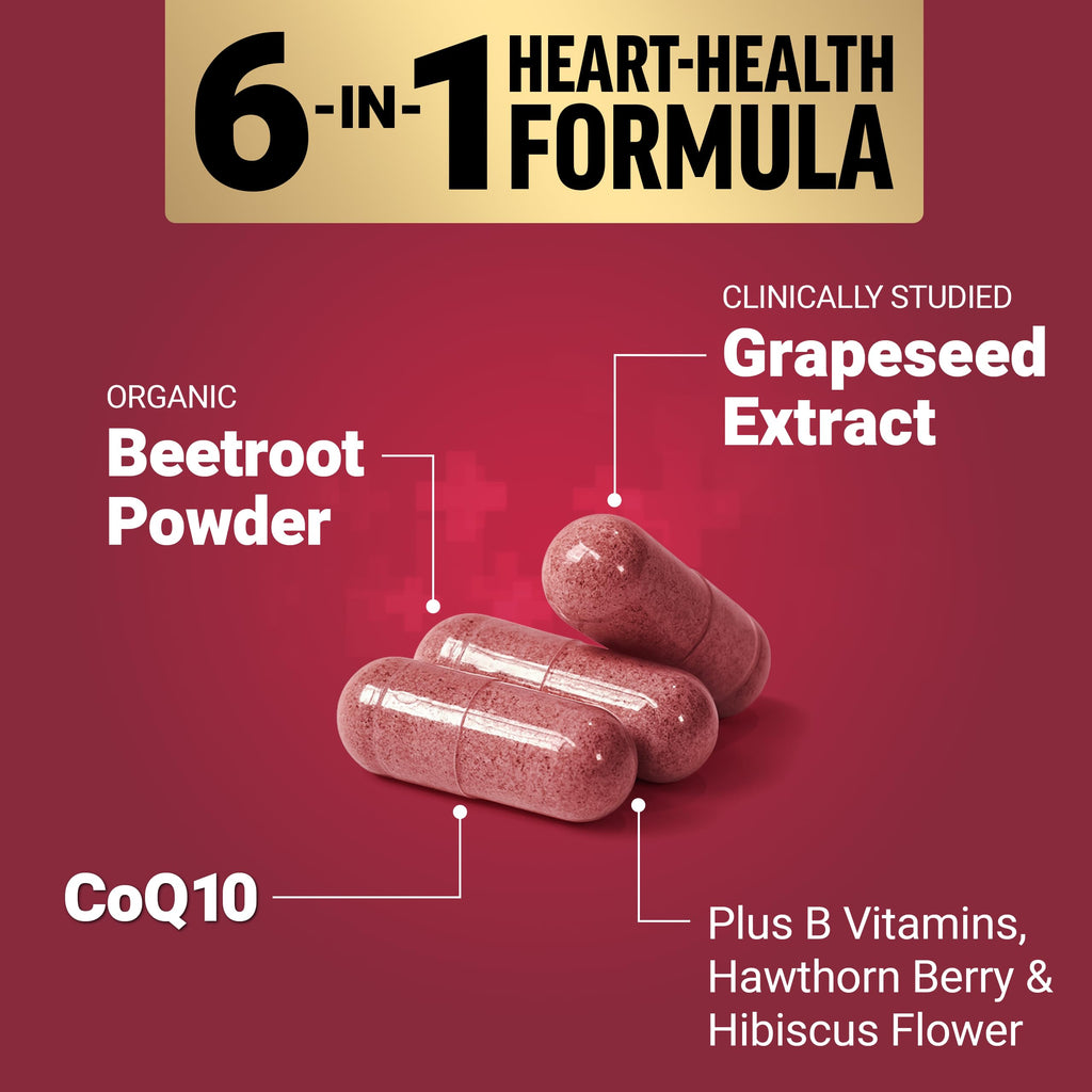 Force Factor Total Beets Ultimate Heart Health 1800mg Beet Root Capsules | Blood Pressure Support Supplement with CoQ10 for Nitric Oxide & Blood Flow with Grapeseed, Hawthorn Berry, 90 Capsules