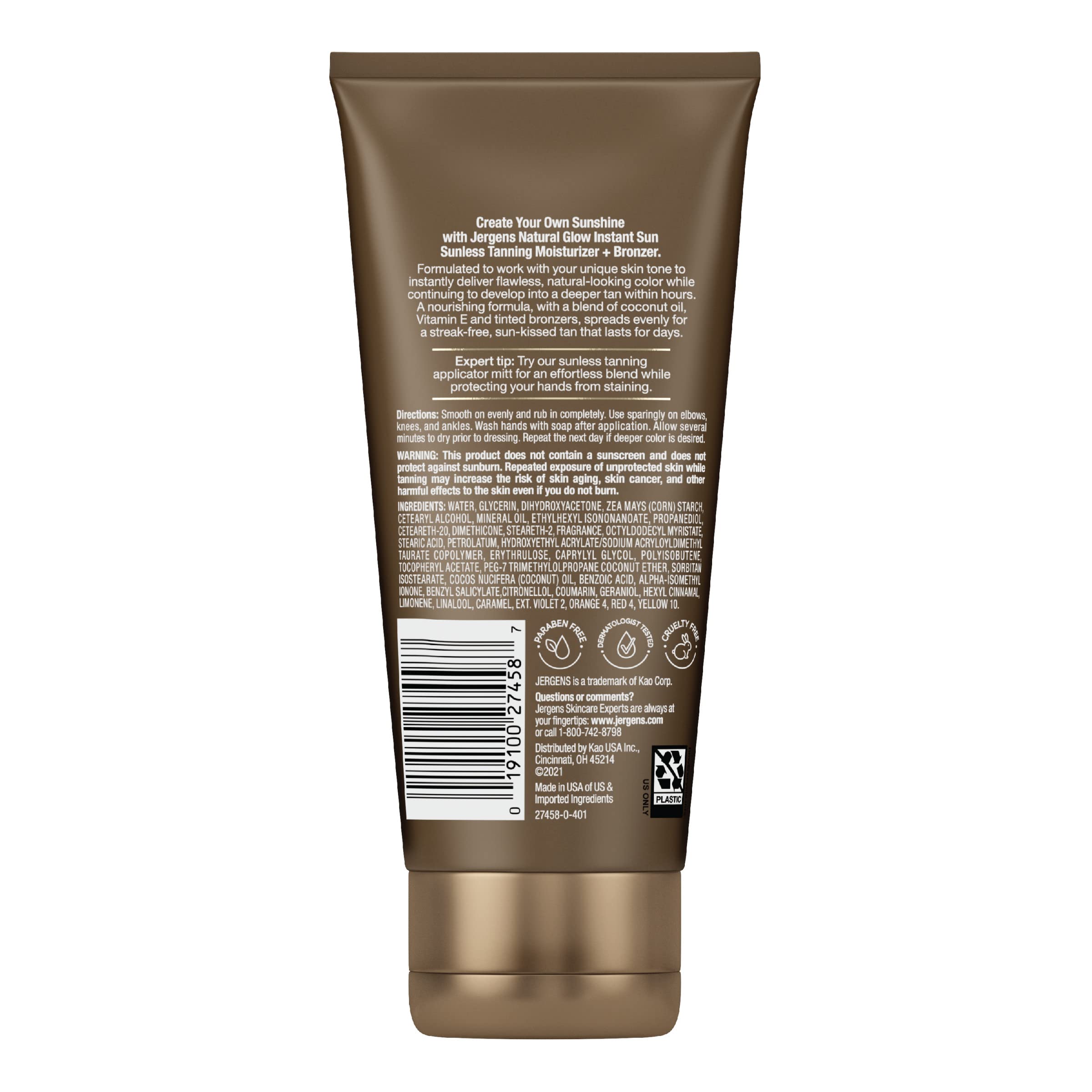 Jergens Natural Glow Instant Tanning Moisturizer, Light Bronze, 6 fl oz | Instant Bronze Color, Natural-Looking Tan, Lightweight Formula, Streak-Free Application, Sunless Glow