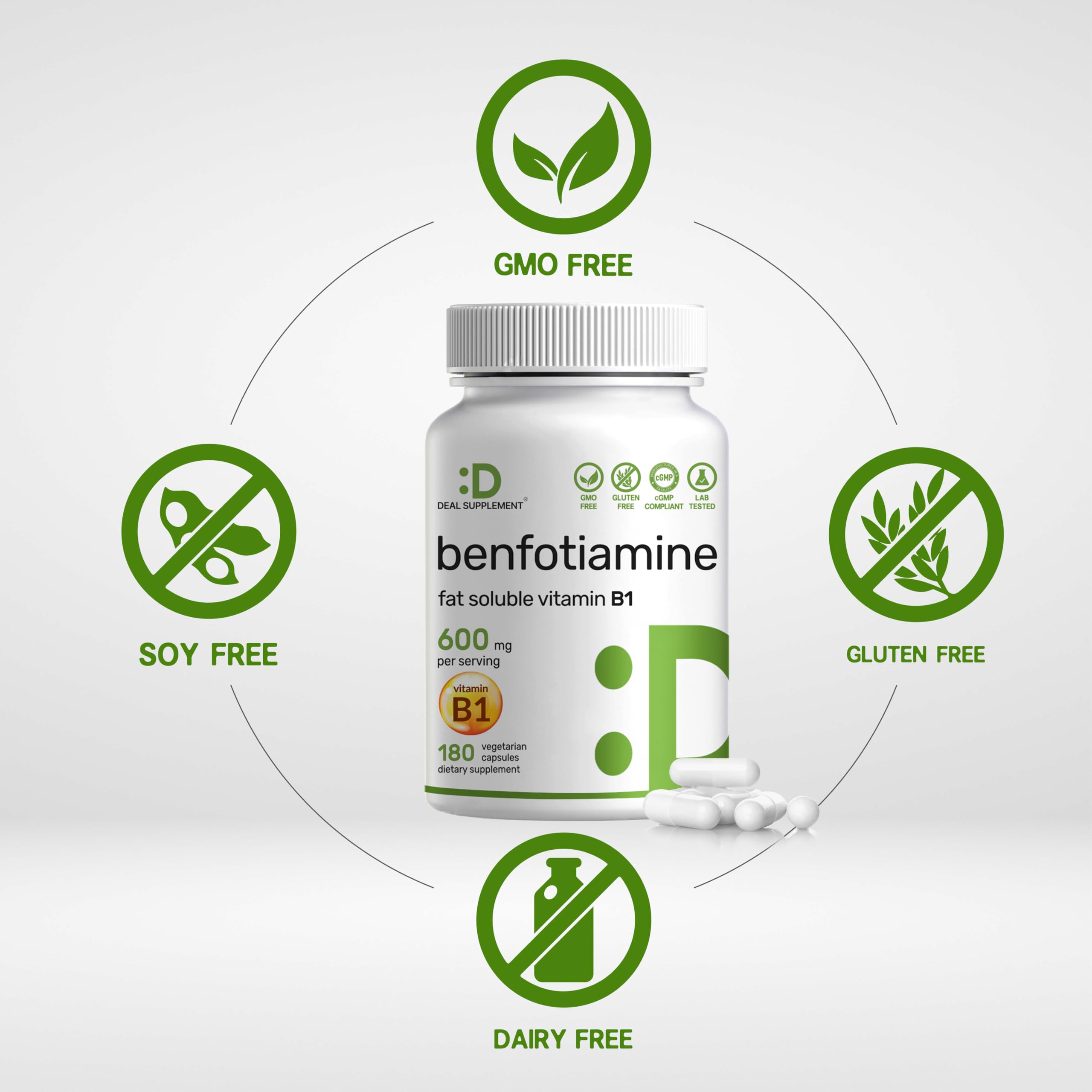 Benfotiamine 600mg Per Serving, 180 Veggie Capsules (300mg Per Cap) – Fat Soluble Vitamin B1 Thiamine Supplement – 3rd Party Tested, Vegan, Non-GMO, Gluten Free