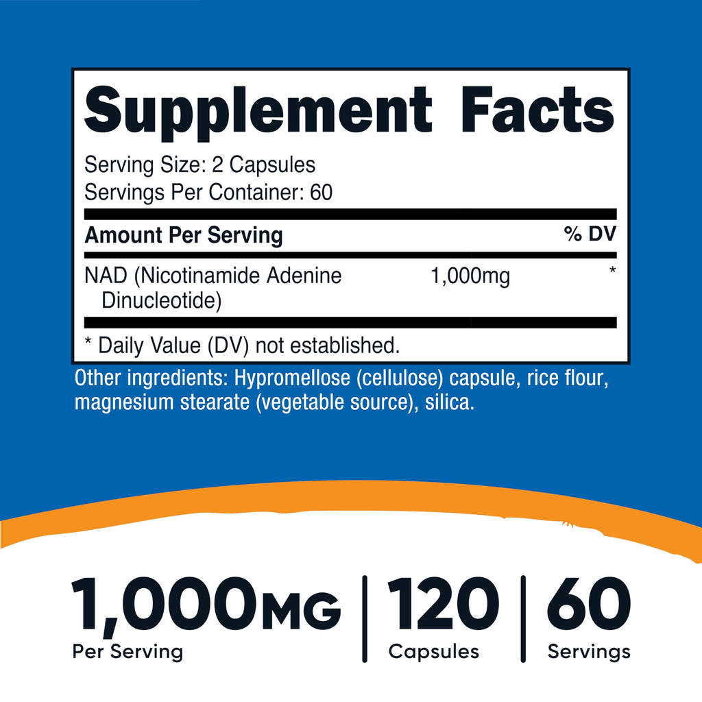 Nutricost NAD+ Supplement 1,000mg per Serving, 120 Capsules, 60 Servings | Nicotinamide Adenine Dinucleotide, Gluten-Free, Vegan