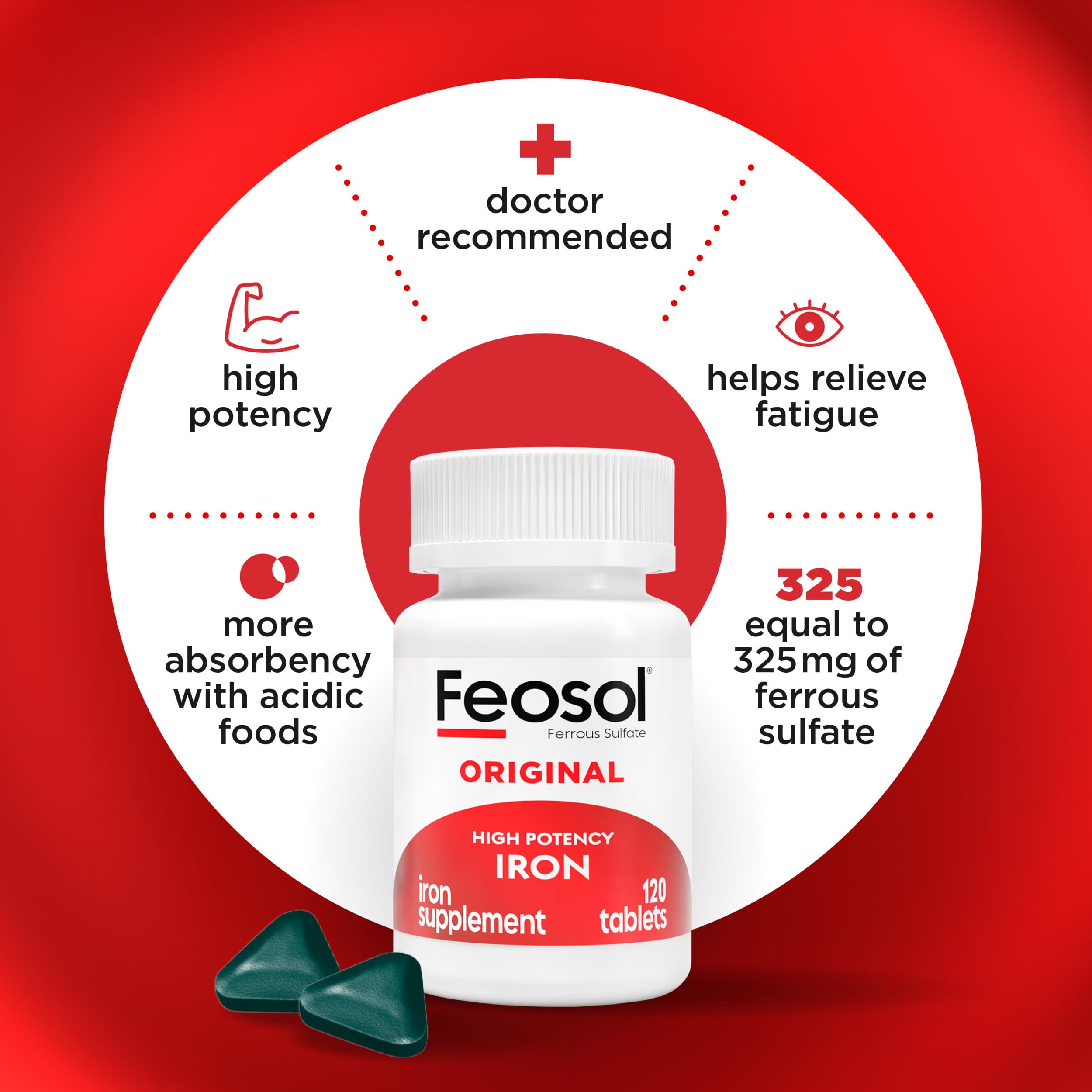 Feosol Original Iron Supplement Tablets, Non-heme, 65mg Iron per Pill, 1 Per Day, 120ct, 4 Month Supply, for Energy and Immune System Support, Made in USA | Iron supplements for energy and immune system support, small coated ferrous sulfate tablets