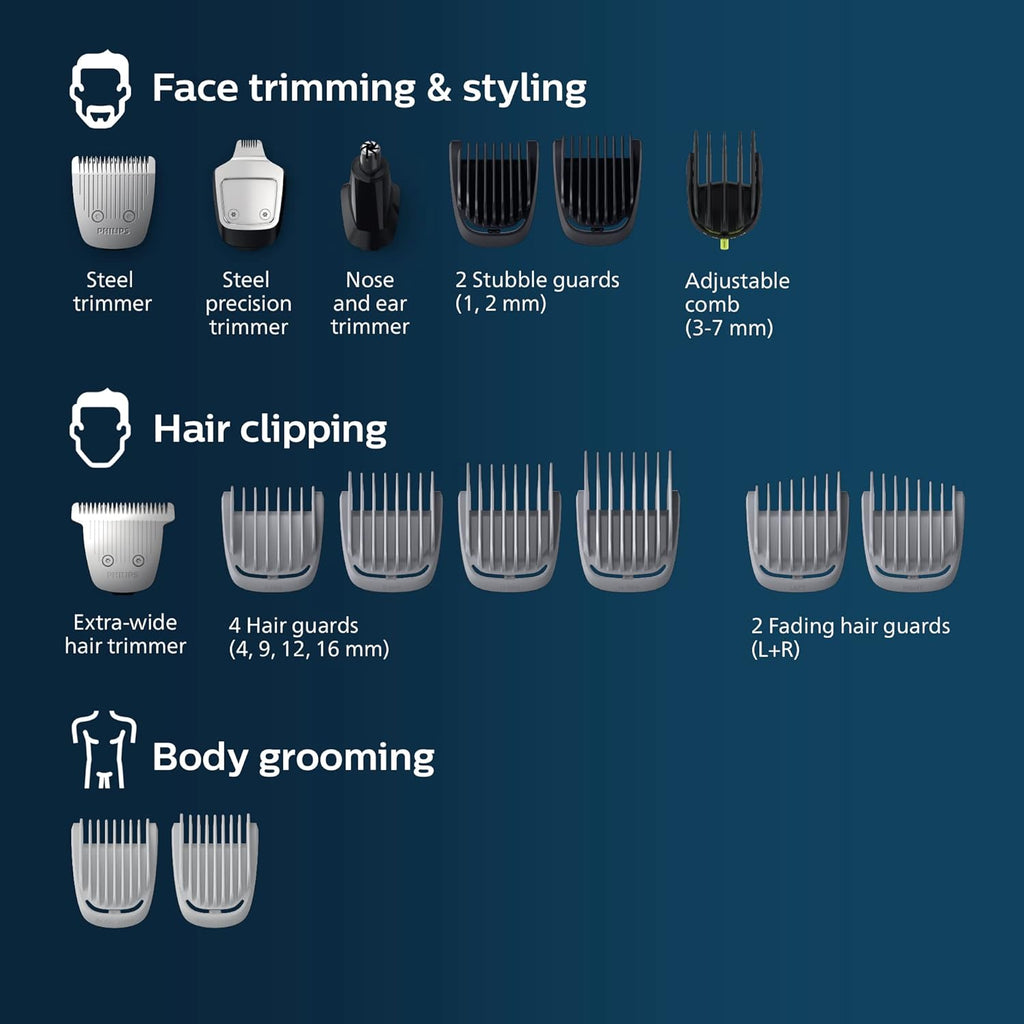 Buy now Philips Norelco Multigroom 5000 Series, All-in-One Trimmer and Hair Clipper, 18-Piece Men's Grooming Kit for Beard, Face, Hair, Body and Intimate Areas, No Blade Oil Needed, Model MG5910/49 at indiglob india