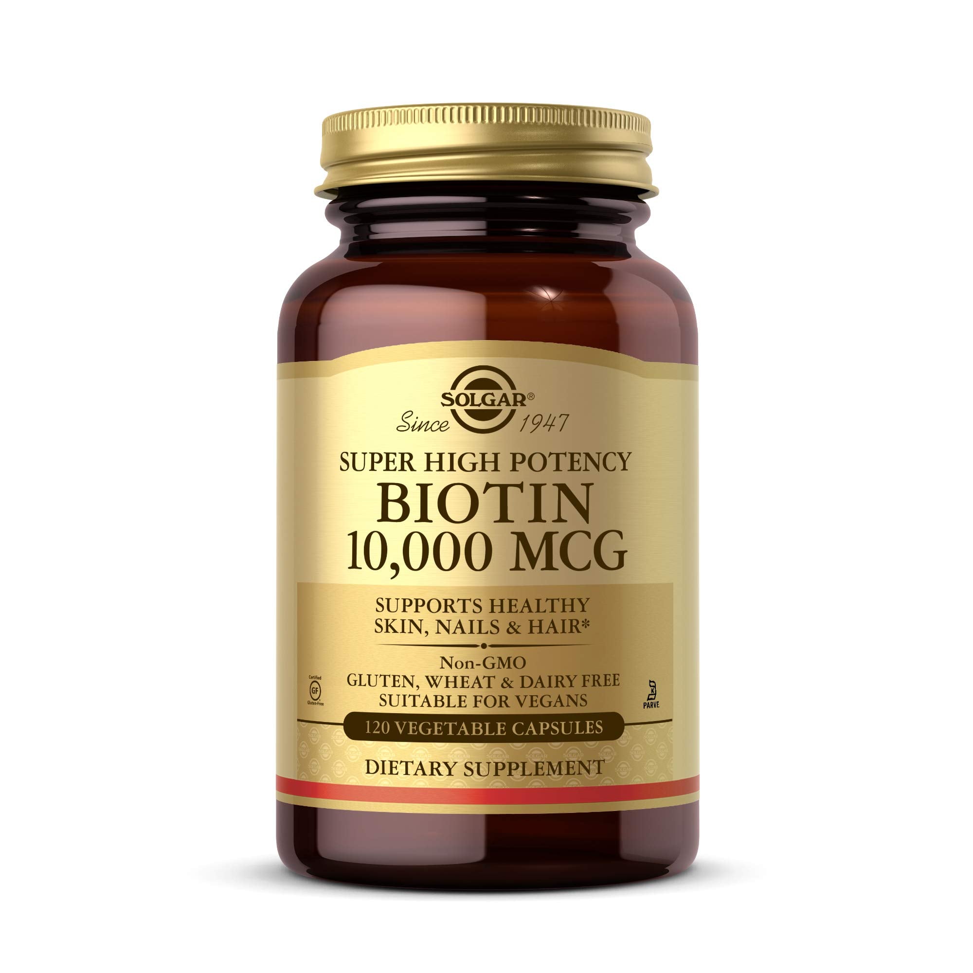 Solgar Biotin 10,000 mcg, 120 Vegetable Capsules - Non-GMO, Gluten Free | Helps Support Hair and Skin - 120 Capsules