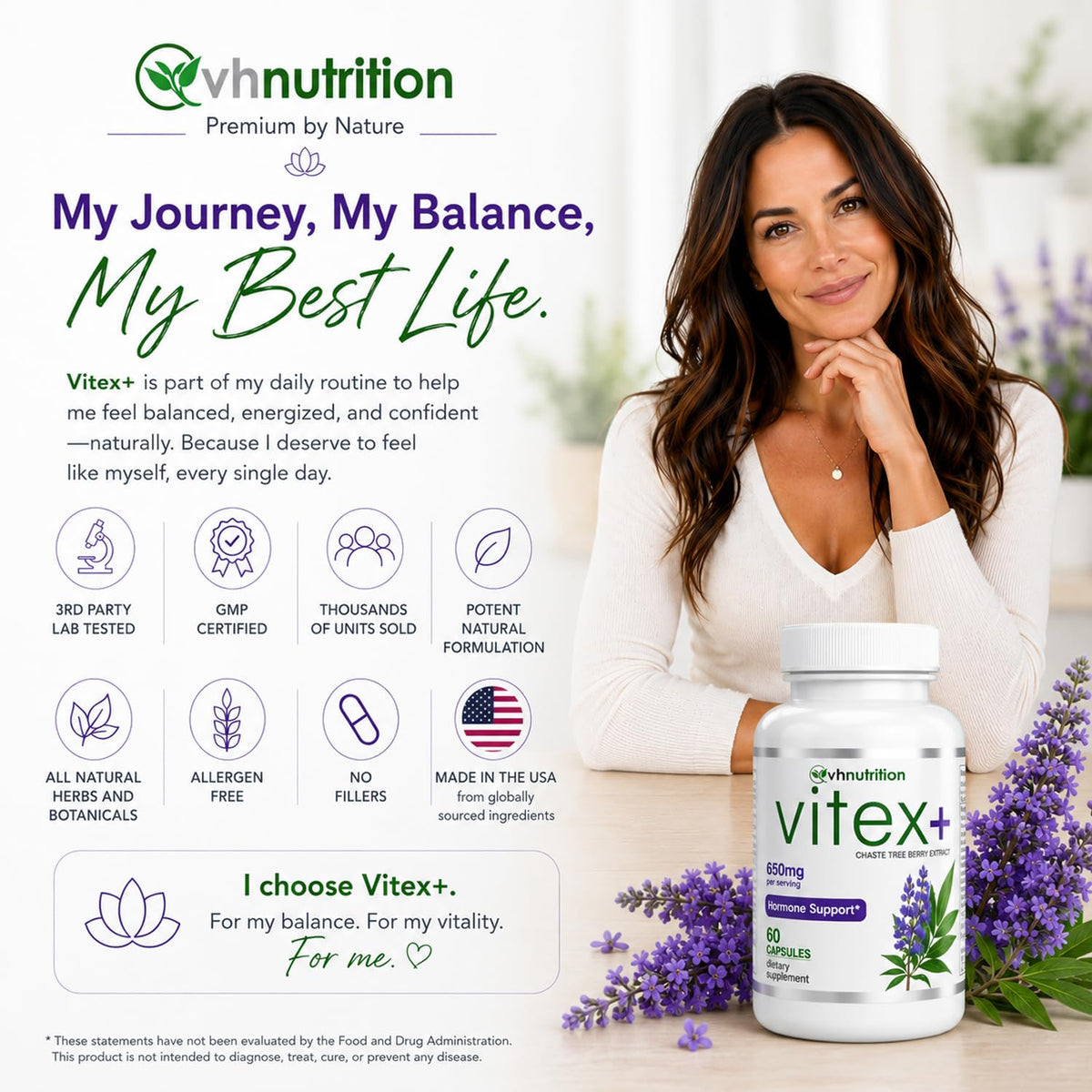 VH Nutrition VITEX+ | Vitex Chasteberry Supplement for Women | Hormonal Balance* and Fertility Support* | 650mg Per Serving of Vitex Berry Extract Powder | 60 Capsules