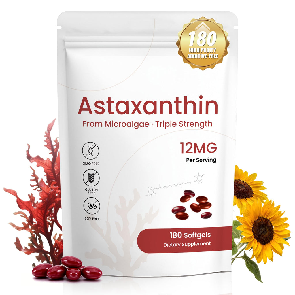 Astaxanthin 12mg Supplement, 180 Softgels, 6 Month Supply | Natural Antioxidant from Fresh Microalgae for Eye, Skin and Joint Health, Non-GMO, Gluten Free