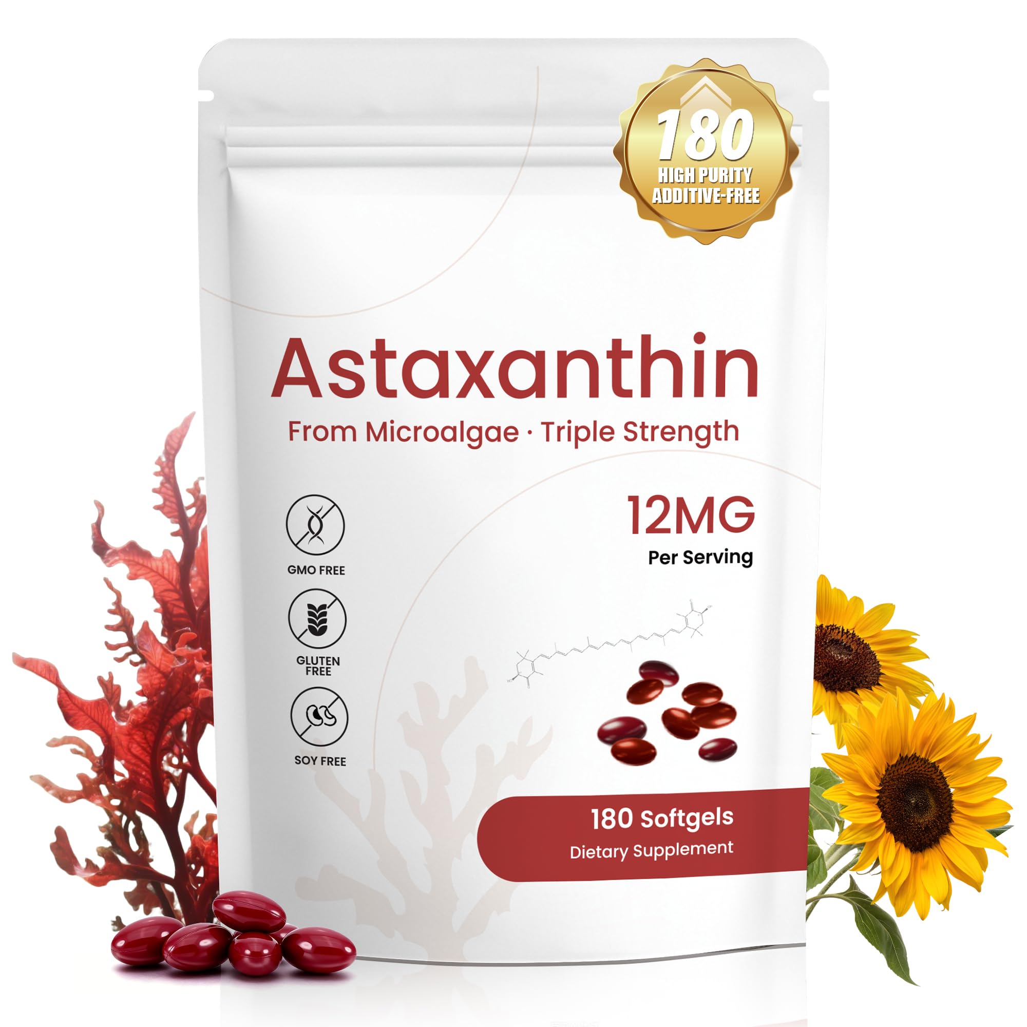 Astaxanthin 12mg Supplement, 180 Softgels, 6 Month Supply | Natural Antioxidant from Fresh Microalgae for Eye, Skin and Joint Health, Non-GMO, Gluten Free