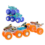 Buy now Hot Wheels Monster Trucks Multipack, 1:64 Scale Mega-Wrex & Tiger Shark Toy Trucks with Big Rigs in Matching Power Smashers Deco at indiglob india