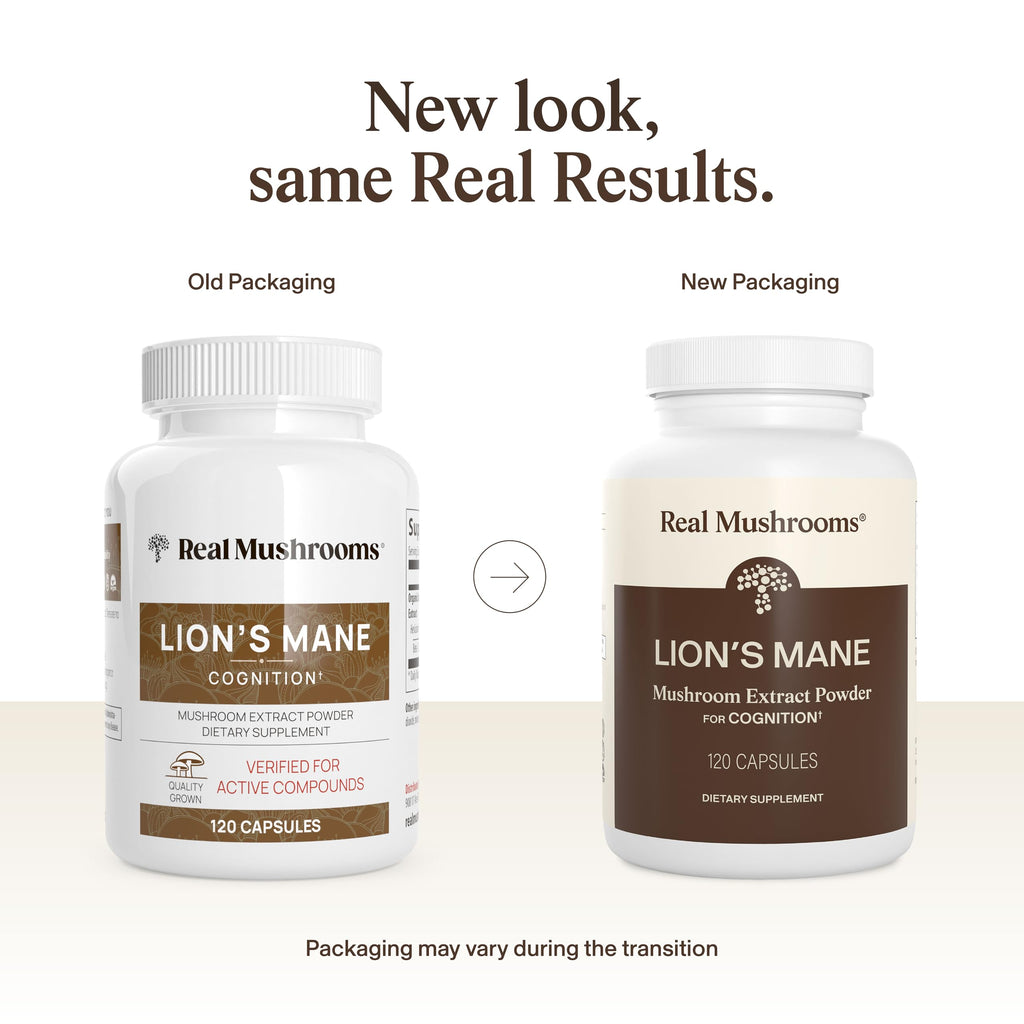 Real Mushrooms Lion's Mane Capsules, Brain, Focus and Cognition, 120ct | Organic Lion's Mane Extract for Wellness, Focus, Clarity Support, Vegan Non-GMO Powder, Daily Use, Verified Beta Glucans