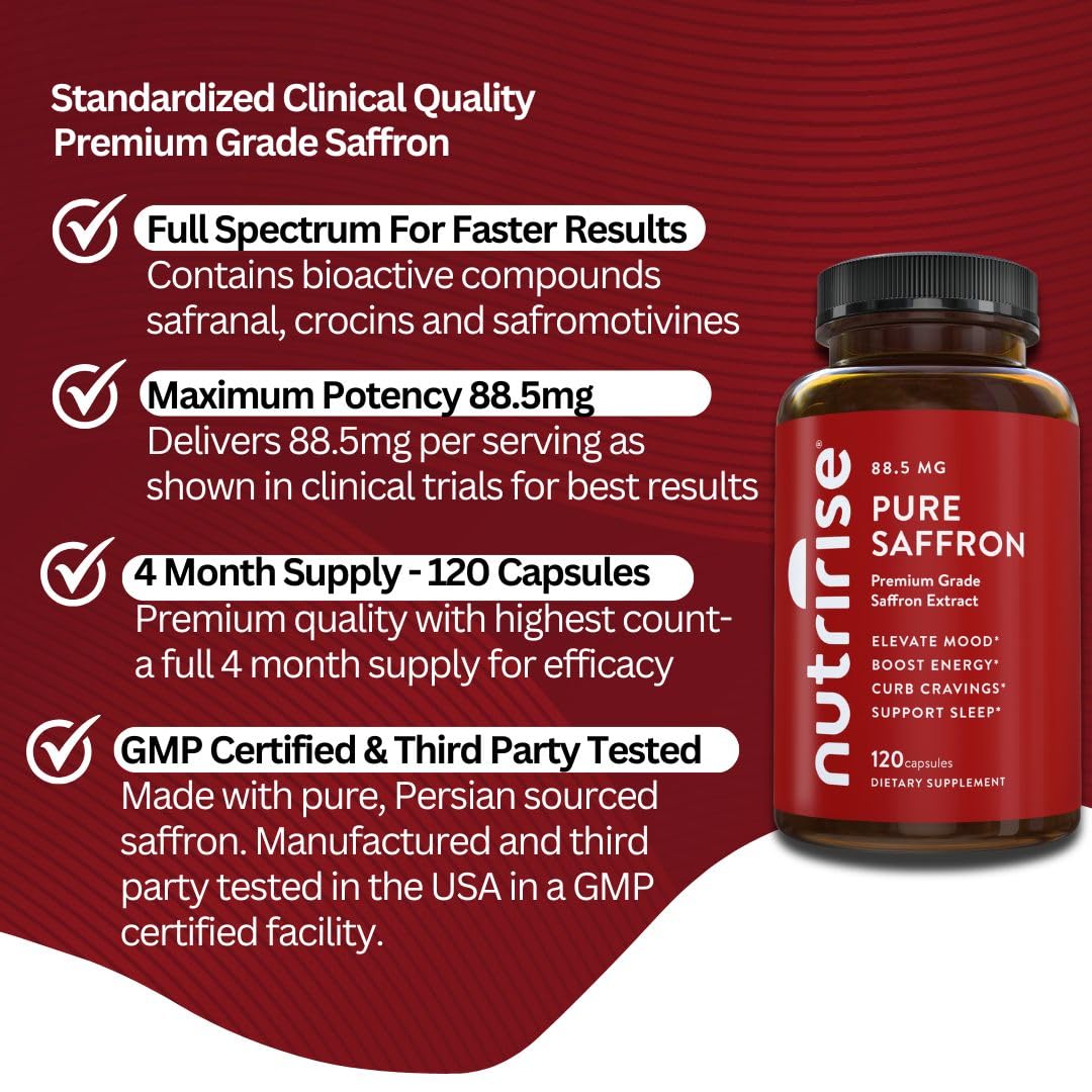 NutriRise Saffron Supplements 120 Capsules, 88.5mg Pure Extract - 4 Month Supply for Mood, Energy, Sleep, Stress & Cortisol Support - Non-GMO, Vegan & Gluten-Free for Women & Men