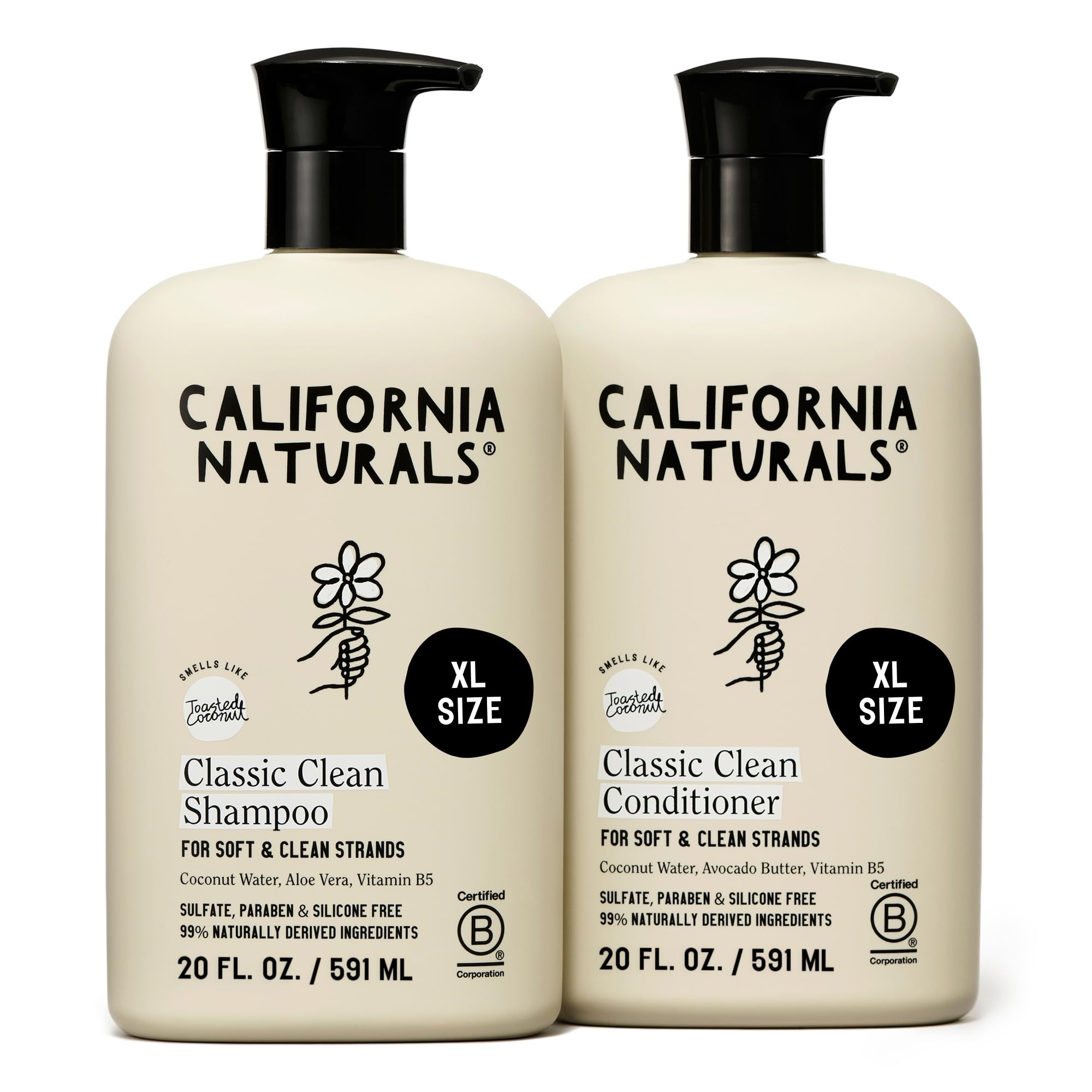 California Naturals Classic Clean Toasted Coconut Shampoo Conditioner Set, Natural, Vegan, Cruelty, Silicone, Paraben, and Sulfate Free, All Hair Types, 20 Fl Oz