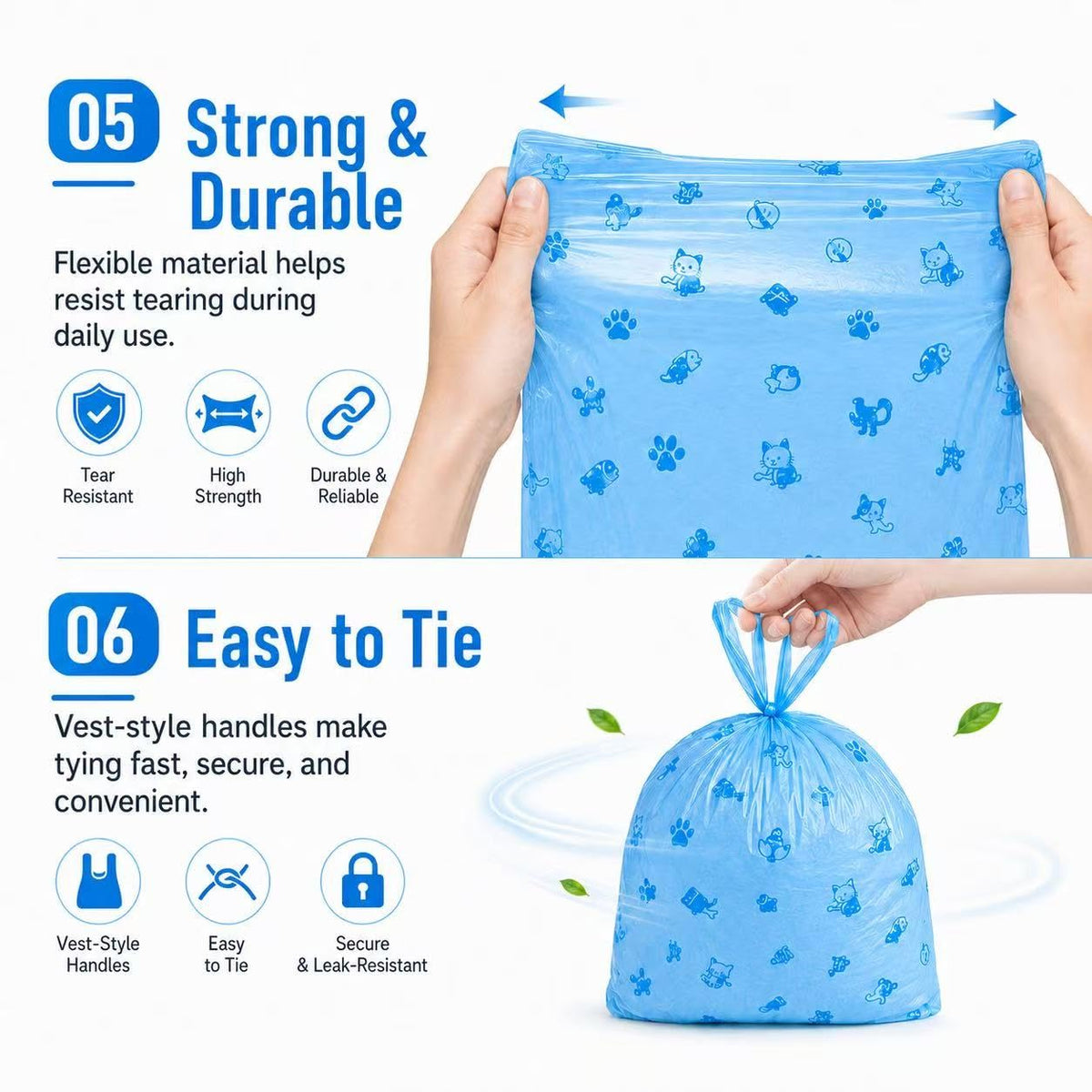 Odor Sealing Cat Litter Poop Clump Pick-Up Bags with Handles Scoop Tie Bags Dog Waste Bag, Leak Proof Pet Disposal, Unscented, 100 bags