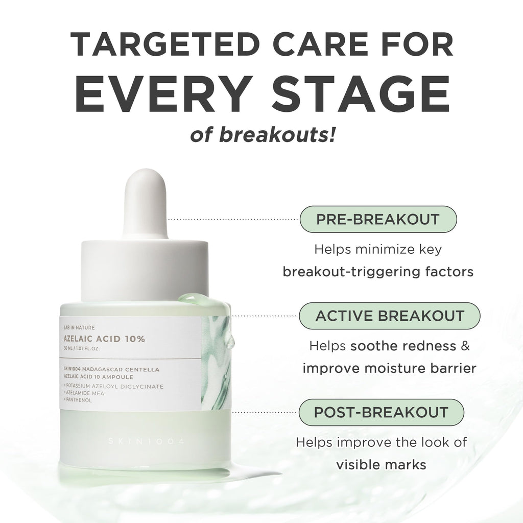 SKIN1004 Azelaic Acid 10% Ampoule, Hydrating Face Serum for Blemish-Prone & Irritated Skin, Soothing Care for Visible Marks with Centella, Niacinamide-Free, Korean Skin Care, 1.01 fl.oz / 30ml