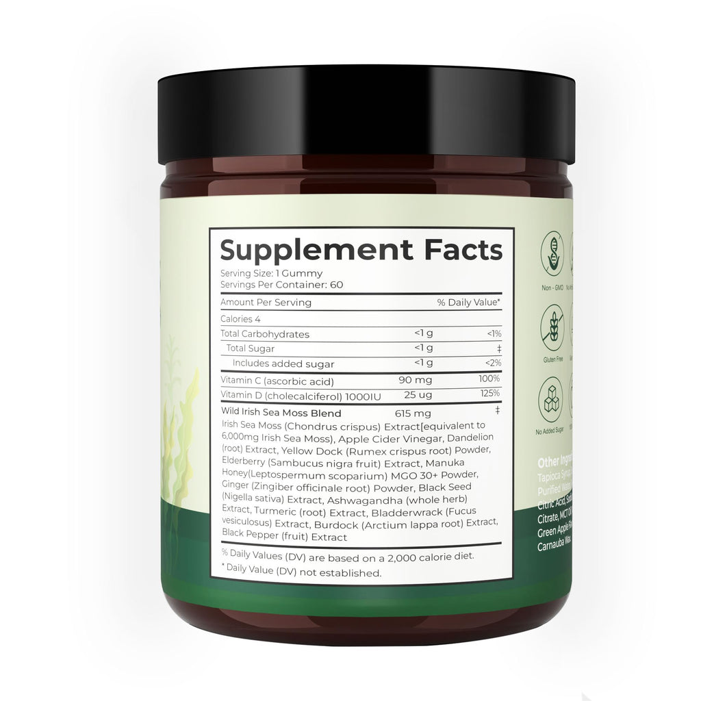 Sea Moss Gummies 16-1, Black Seed Oil Ashwagandha Turmeric Bladder Wrack Vitamin C Vitamin D3 Elderberry Manuka Dandelion Yellow Dock Apple Cider Vinegar for Men & Women