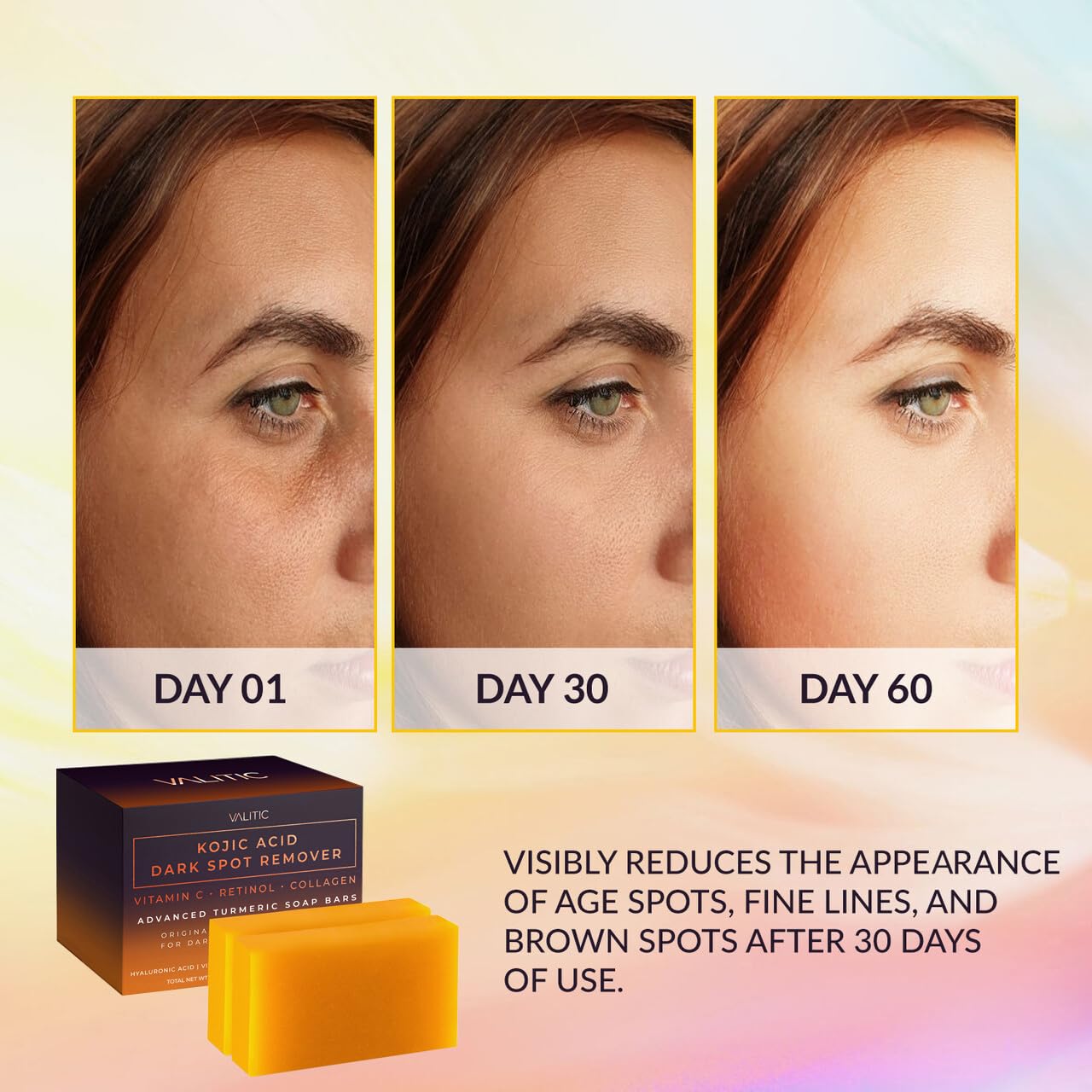 Buy now VALITIC Kojic Acid Dark Spot Remover Soap Bars with Vitamin C, Retinol, Collagen, Turmeric - Original Japanese Complex Infused with Hyaluronic Acid, Vitamin E, Shea Butter, Castile Olive Oil (2 Pack) at indiglob india