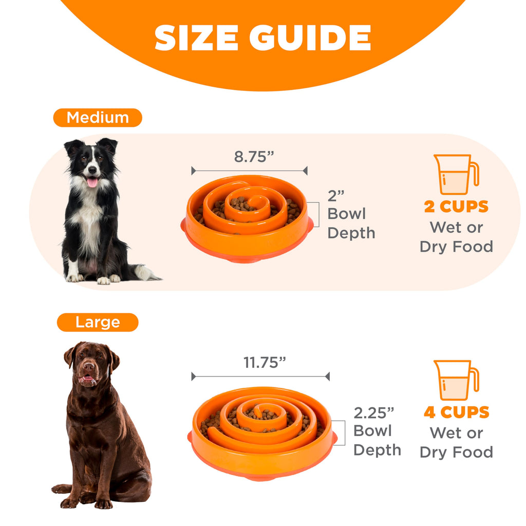 Outward Hound Fun Feeder Slo Bowl – Medium 2‑Cup Capacity, Slow Feeding, Small to Medium Dogs & Cats, Non-Slip, Orange, Swirl Pattern