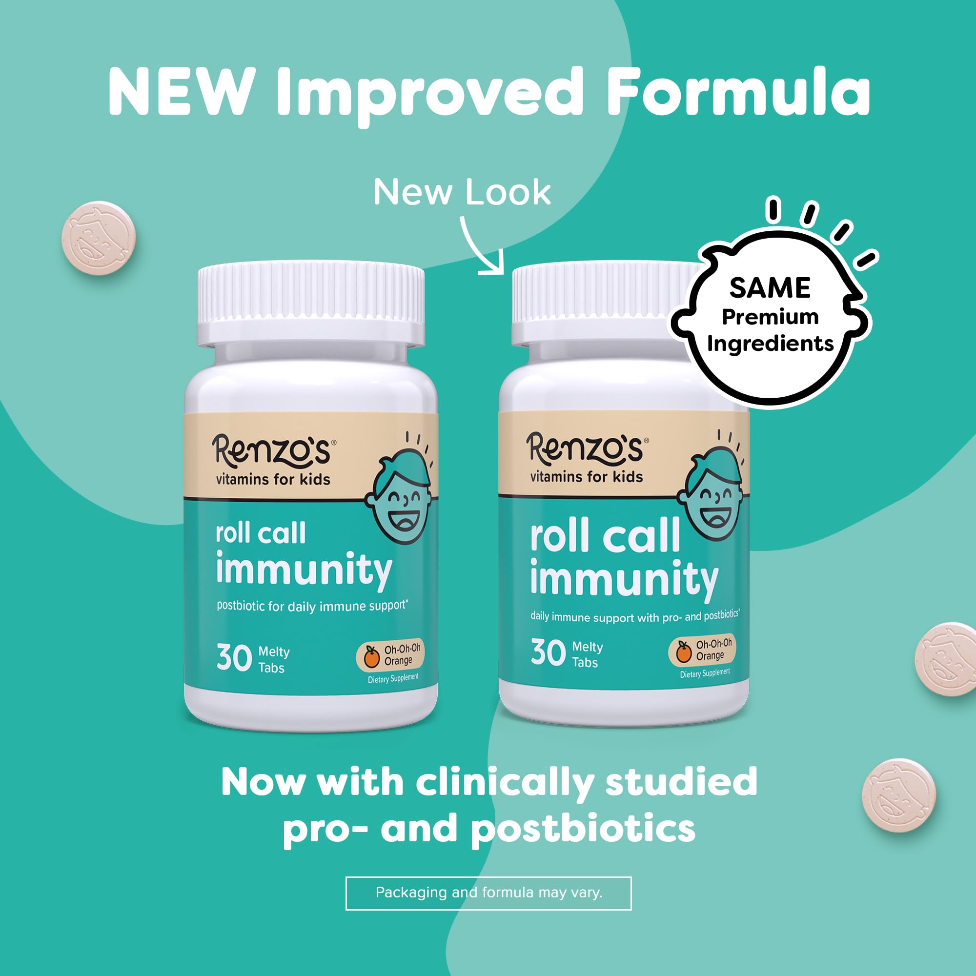 Renzo's Roll Call Immunity Kids Immune Support, Dissolvable Tabs, 30-Count | Clinically-Studied IMMUSE Postbiotic & Probiotic Immunity Blend, Classroom Support, Sugar-Free, Orange Flavor, 1-Month Supply