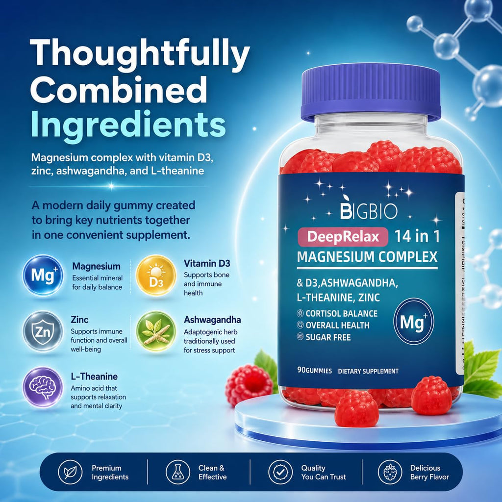 Magnesium Complex 14-in-1 Gummies Sugar-Free – with Ashwagandha, L-Theanine, D3 & Zinc – Cortisol Supplements for Women – Berry Flavor 90 Gummies 45 Servings