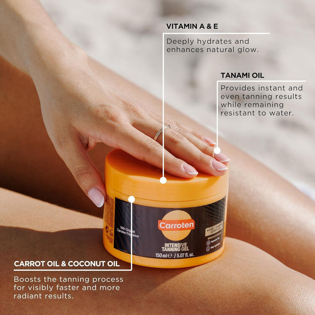 Carroten Intensive Tanning Gel, Browning Tan Accelerator, 5 oz | Non-Greasy, Water-Resistant with Carrot and Coconut Oil, Vitamin A & E For Moisture & Hydration, Made in Greece