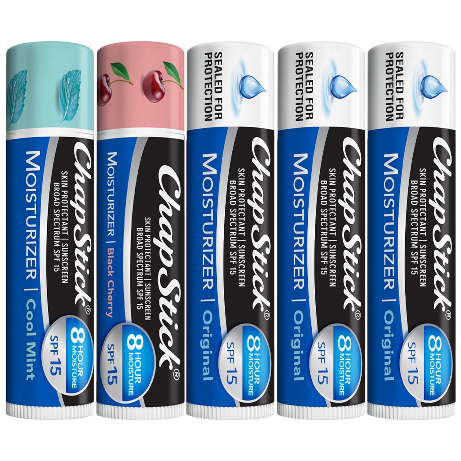Buy now ChapStick Moisturizer Original Lip Balm Tubes, SPF 15 and Skin Protectant - 0.15 Oz (Pack of 3) 0.15 Ounce (Pack of 5) Original, Black Cherry, & Cool Mint at indiglob india