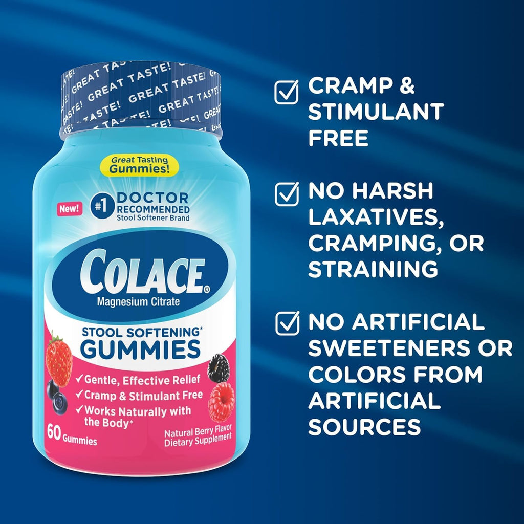 Colace Stool Softener Gummies, Constipation Relief, Berry, 60 Ct, Pack of 2 | No.1 doctor recommended stool softener brand, Gentle dependable, magnesium citrate gummies