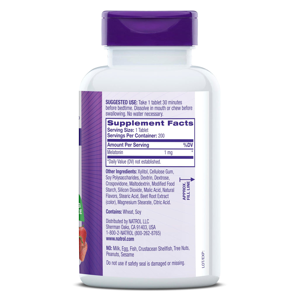 Natrol Melatonin 1 mg Fast Dissolve Tablets, Strawberry, 200 Count | Nighttime Sleep-Aid for Adults, 100% Drug-Free, Non-Habit Forming, For Occasional Sleeplessness, Supports Circadian Rhythm