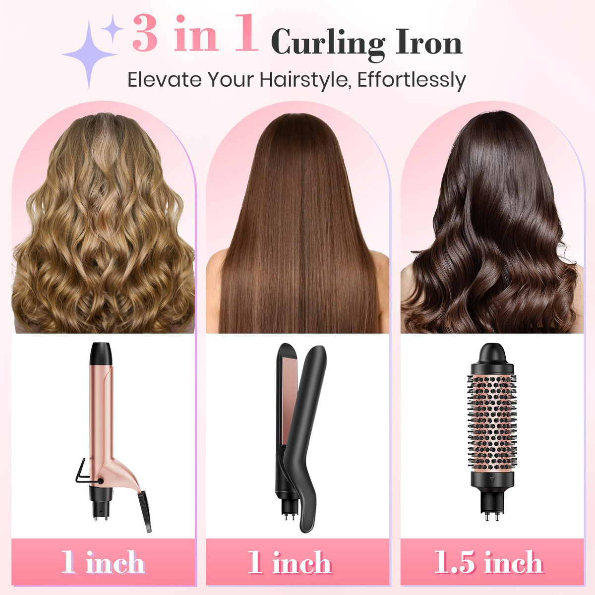 Ufree 3-in-1 Curling Iron Wand Set, Thermal Brush Hair, Straightener