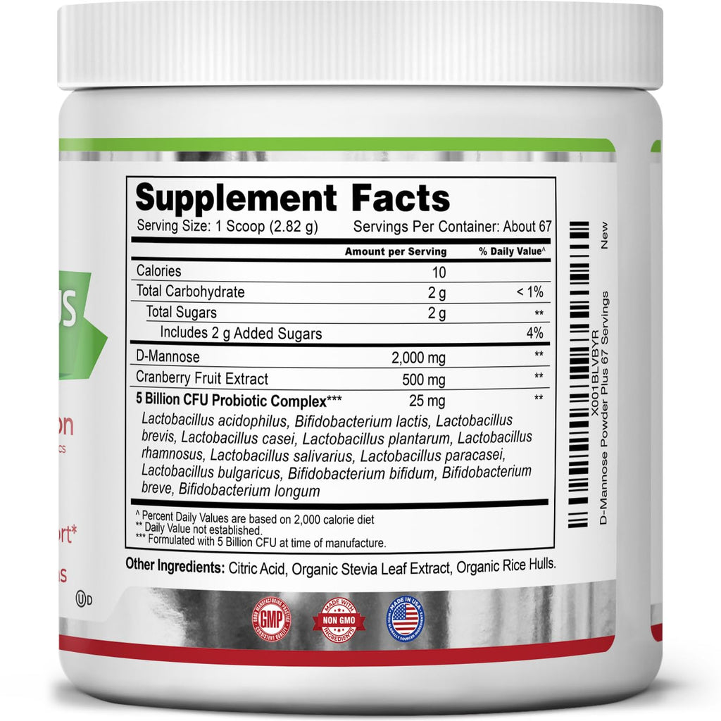 Zazzee D-Mannose Powder Plus, 2000 mg, 67 Servings, Free Scoop, Made in USA | Plus 5 Billion CFU Probiotics and Pure Cranberry Juice Extract, Kosher, 6.67 oz, Urinary Tract & Bladder Support, Non-GMO