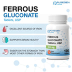 Puregen Labs Ferrous Gluconate 324 mg [High Potency] Iron Supplement, Gentle on Stomach - 100 Tablets