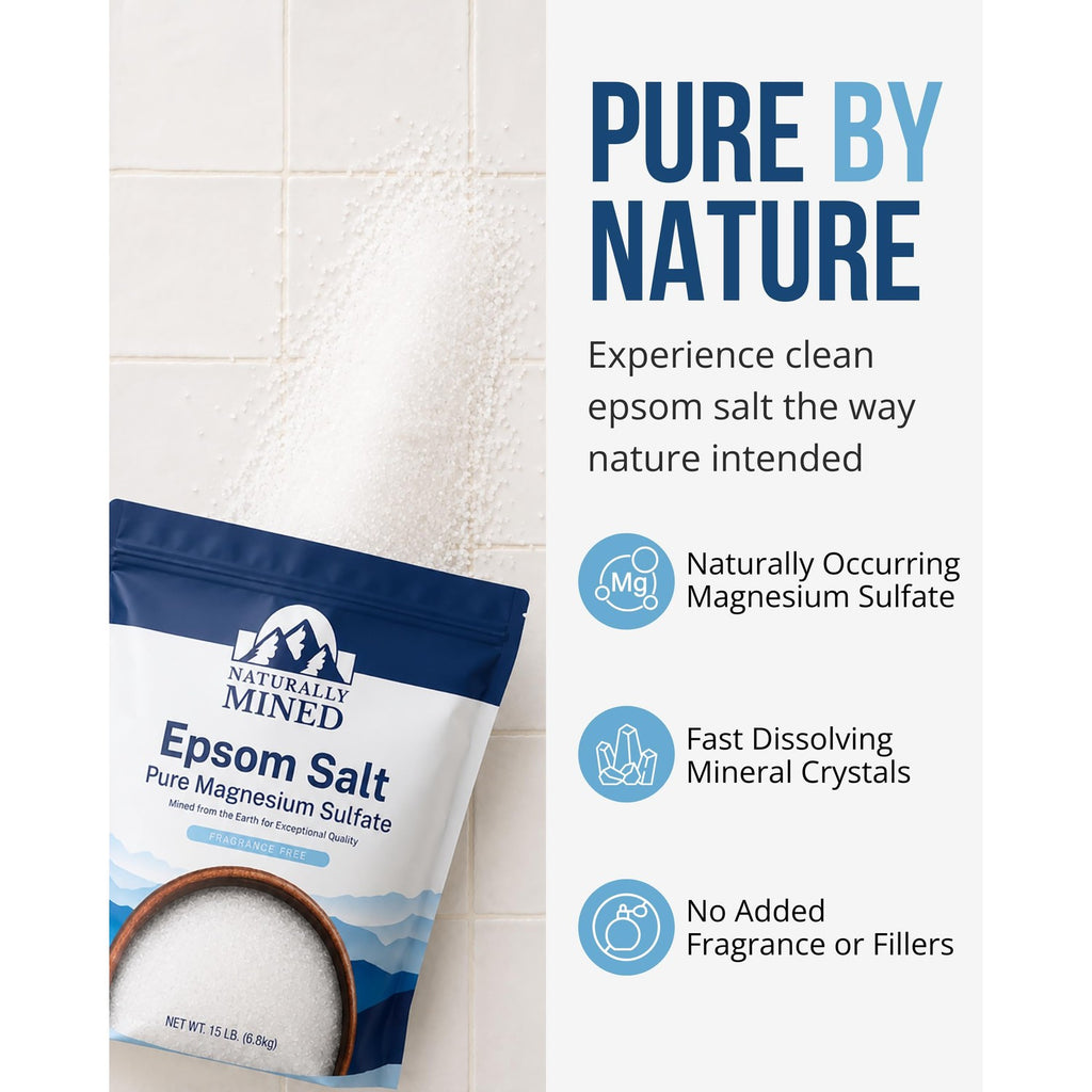Naturally Mined Epsom Salt 15 lb Bulk, Pure Magnesium Sulfate, Unscented