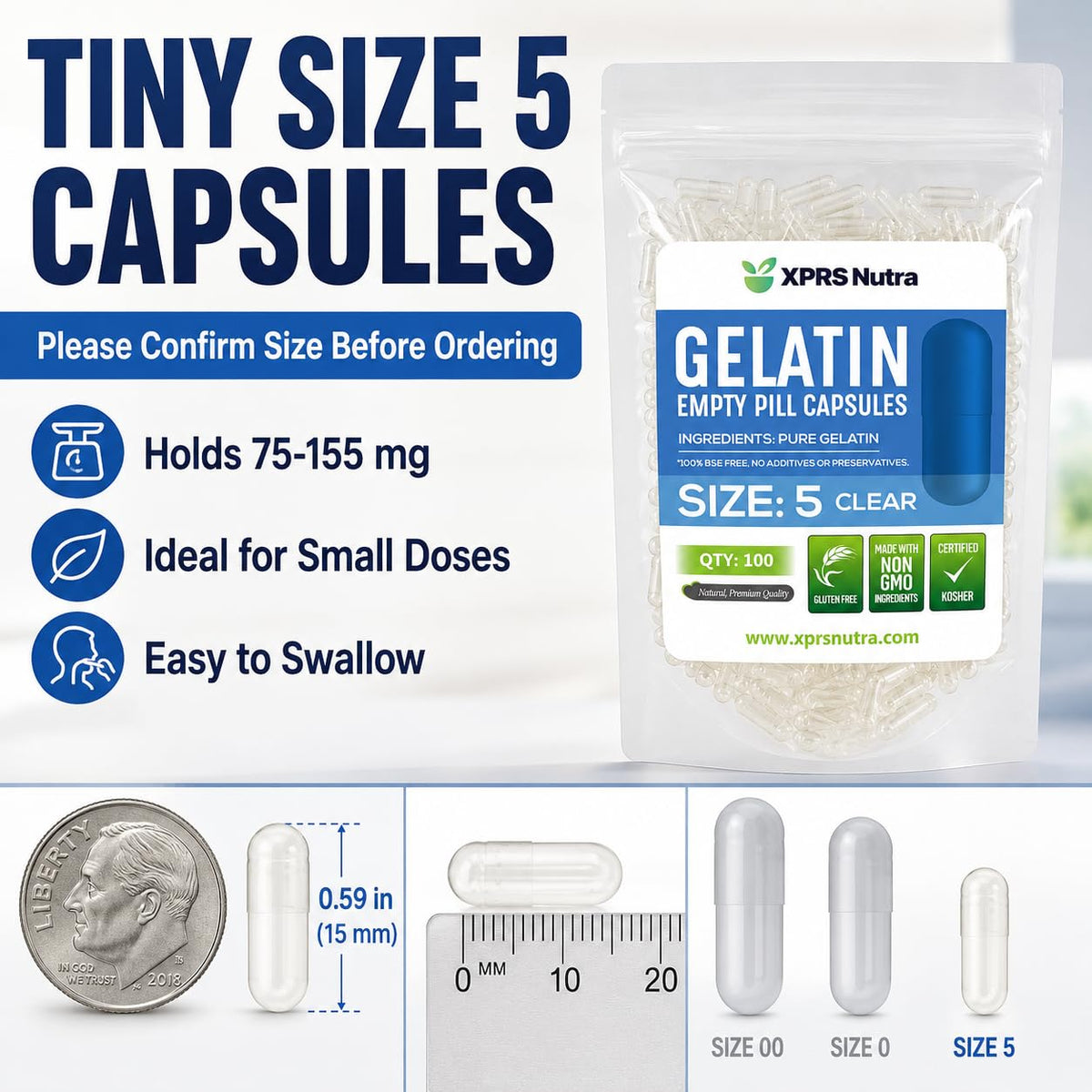 XPRS Nutra Size 5 Empty Capsules - 100 Count Clear Very Small Empty Gelatin Capsules - Pills DIY Capsule Filling - Fillable Pill Gel Caps for Do-It-Yourself Vitamin Supplements