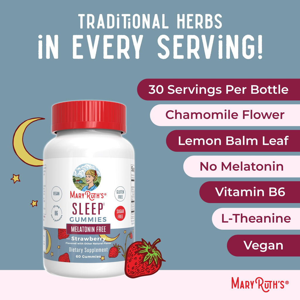 MARYRUTH'S Melatonin Free Sleep Gummies, L Theanine, Sugar Free, 60 Count | L Theanine, Lemon Balm Leaf, Chamomile, Vitamin B6, 60 Count