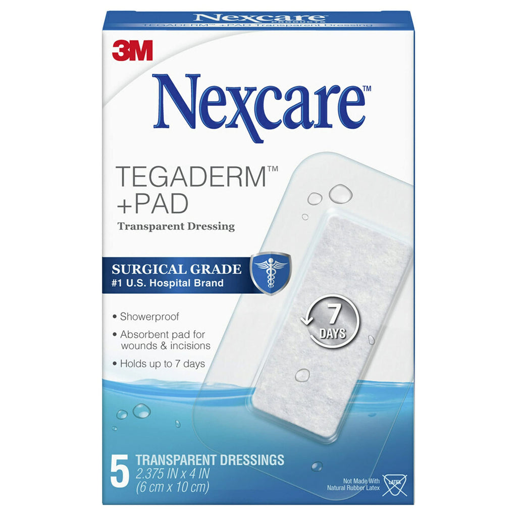 Nexcare Tegaderm + Pad Transparent Dressing, Clear Breathable Dressing Holds Fast for 7 Days, Waterproof for Safe Bathing - 5 Dressings