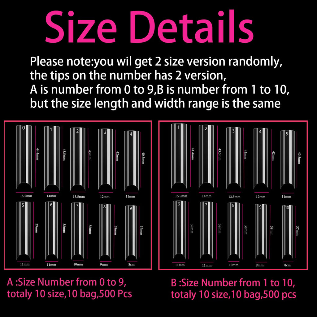 Buy now 500 Pcs Clear Extra Long C Curve False Nail Tips,XXL C Curve Acrylic Fake Nail Tips with Bag for Nail Salon and DIY, Extra Long French Tips Half Cover Straight Square Nail Tips 10 Sizes at indiglob india